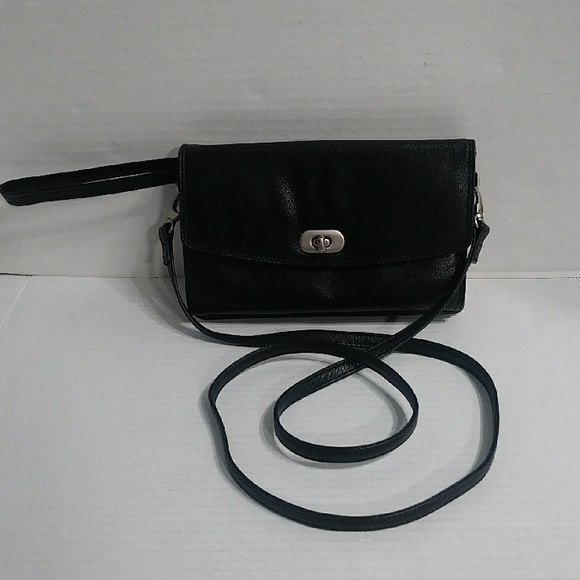 Handbags - Women's Black Leather Wristlet Clutch with Crossbody Strap
